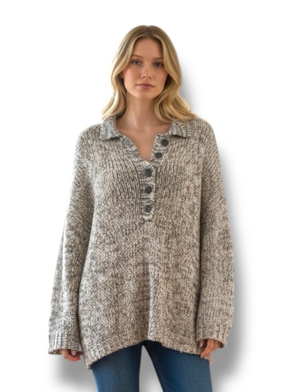 Midnight Blues Chunky Knit Sweater Oversized Cozy Neutral Collared Sweater